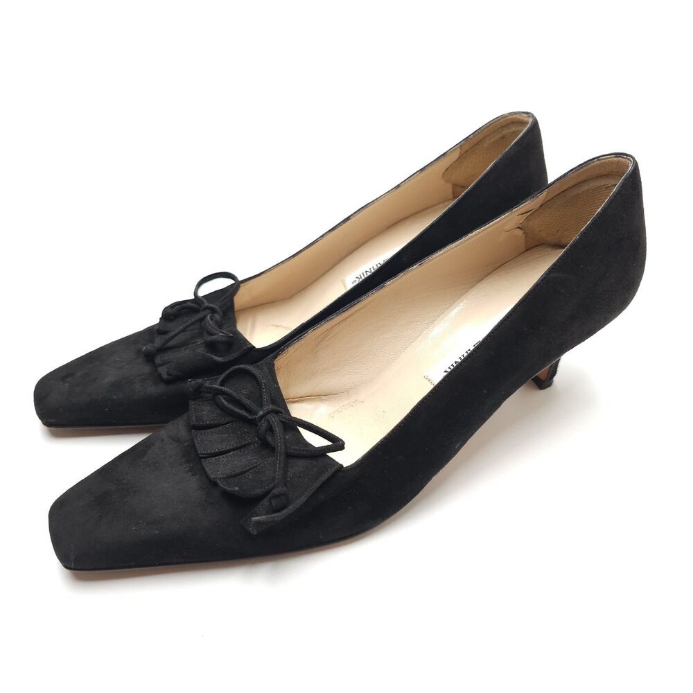 Manolo Blahnik Shoes 38 Black Suede Bow Fringe Pointed Square Toe - See Blemish